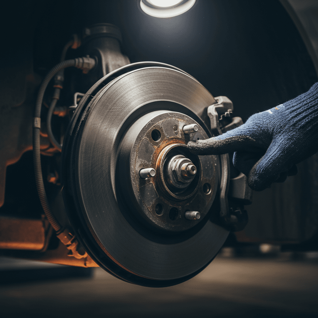 Close-up of brake pads and rotors during inspection