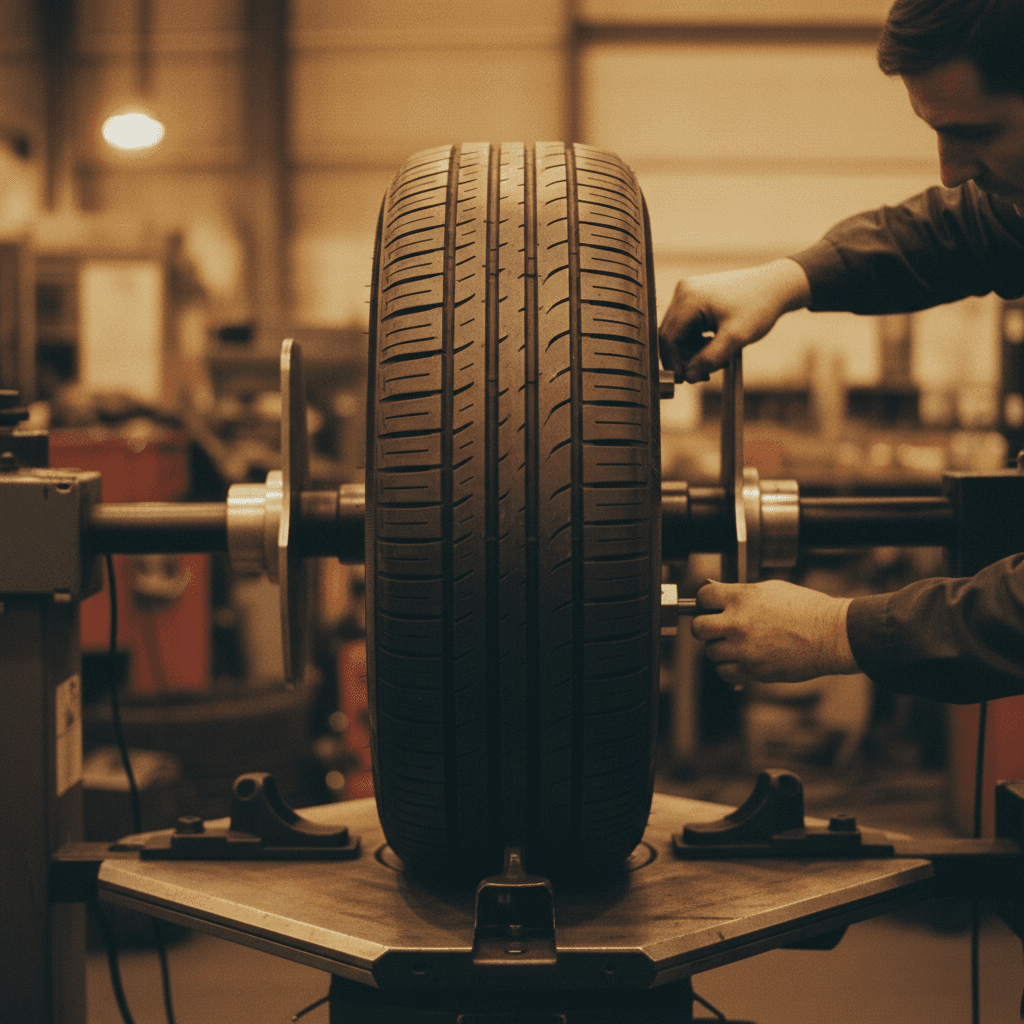 Tire being balanced on professional equipment