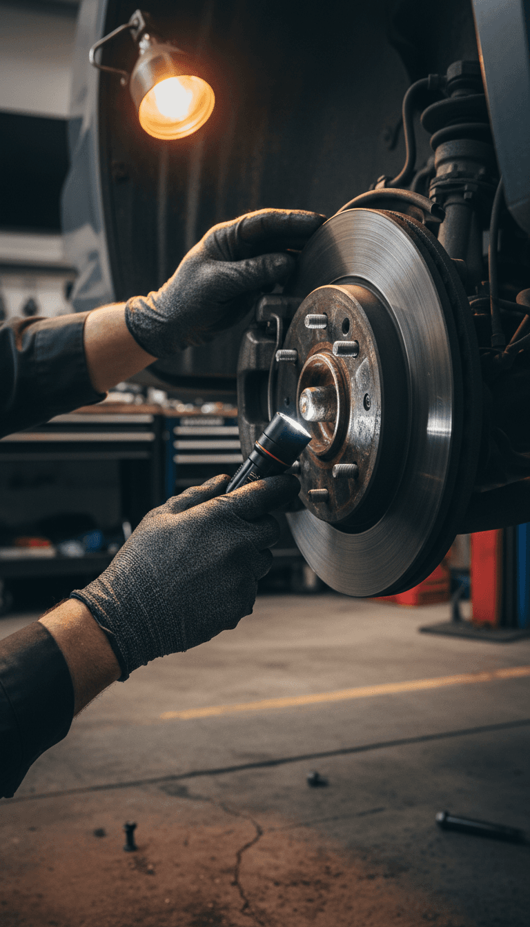 Mechanic inspecting brake components under vehicle lift with focused work light