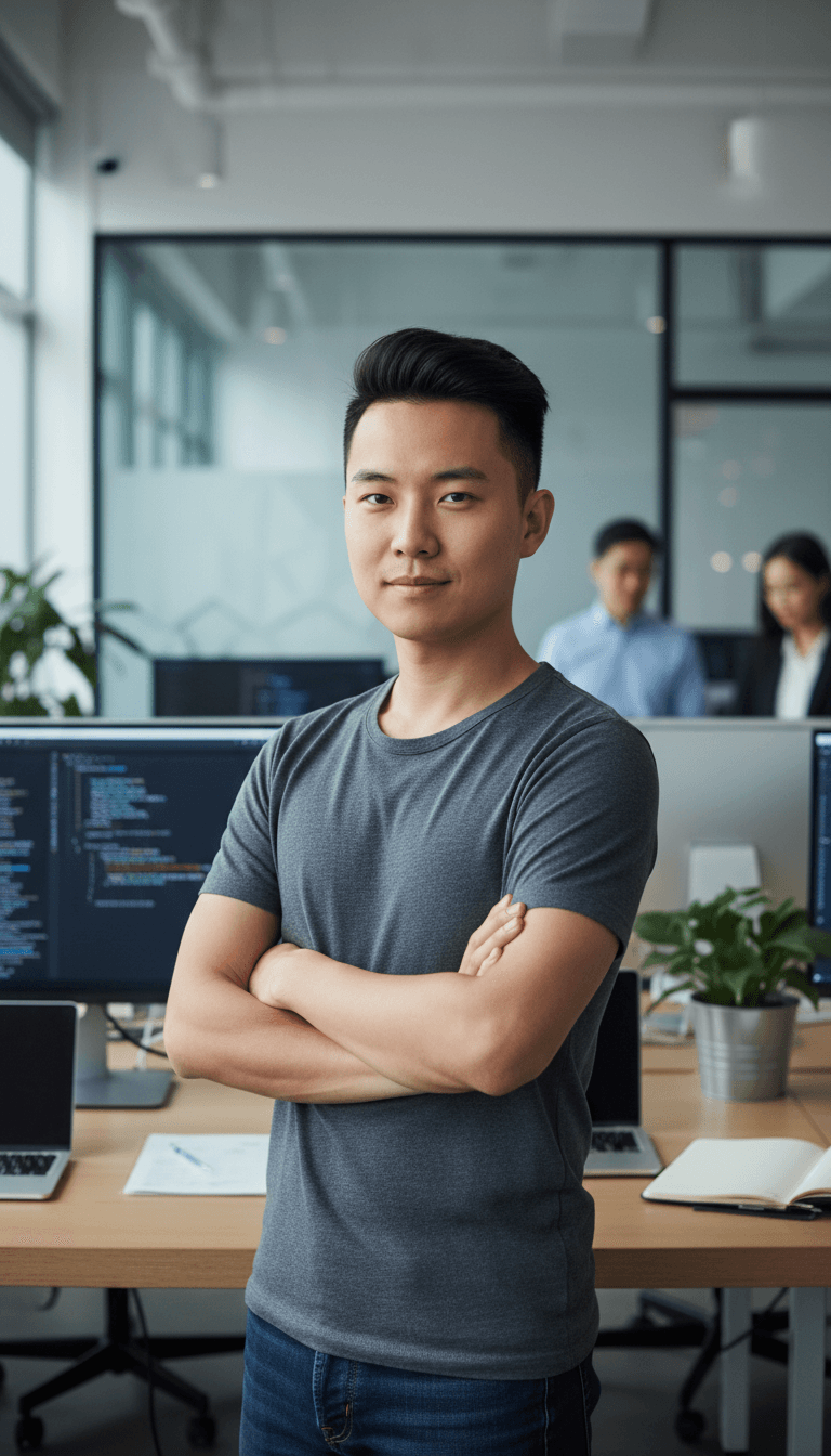Professional portrait of confident male software engineer in casual attire in modern tech office