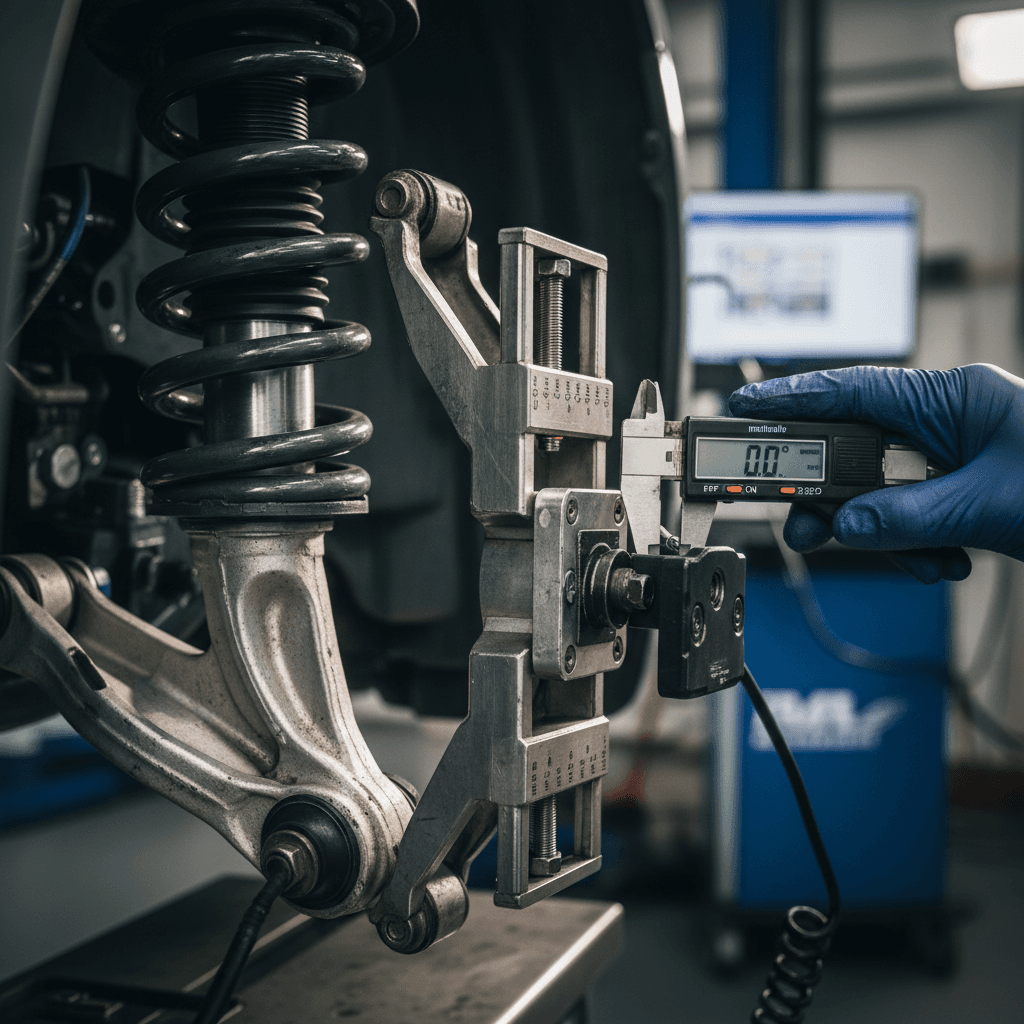Close-up of suspension struts and alignment brackets being adjusted during vehicle suspension service